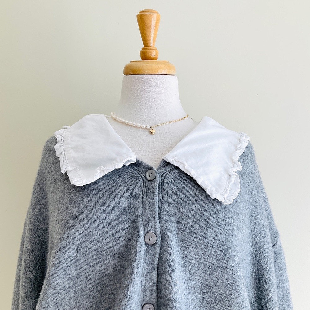 Mango Gray Button-Front Cardigan with White Peter Pan Collar Preppy! - Picture 1 of 6